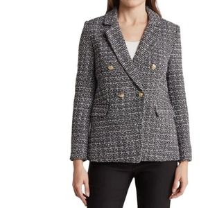 Nanette Lepore Woven Tweed Double Breasted Blazer black white 16 Lined